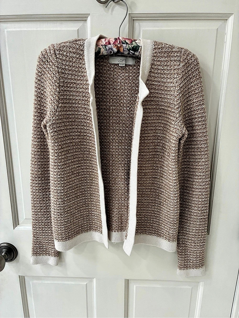 LOFT Floral Trim Knit Cardigan in Brown & White Size XS